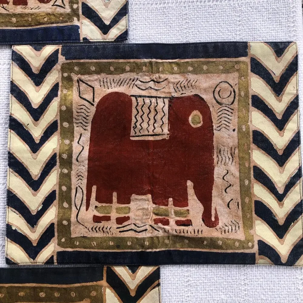 Vintage Hand-painted Elephant Placemats‎ Set of 4 16x12 Bohemian Boho Home Decor